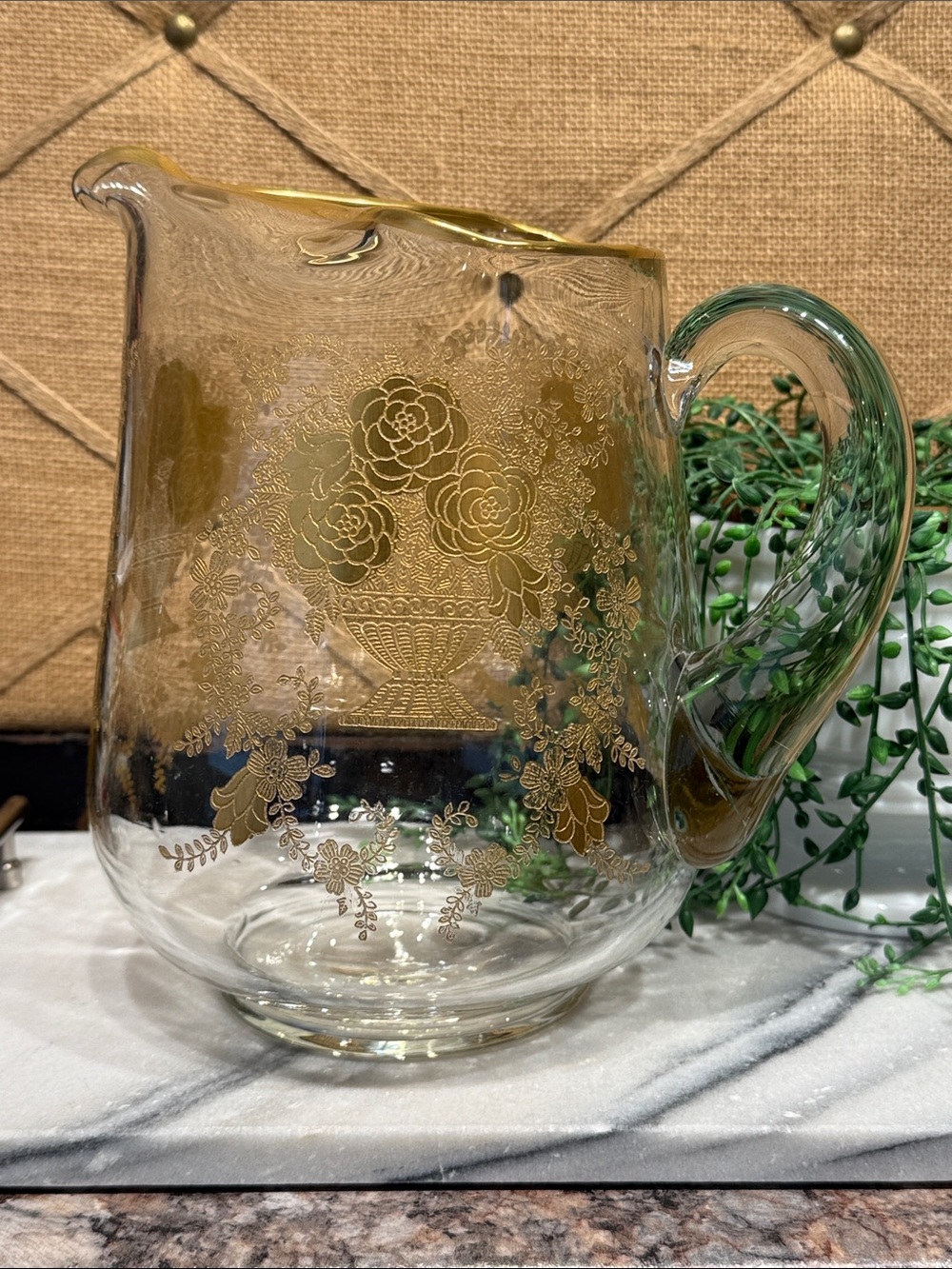 Vintage Gold Floral Glass Pitcher